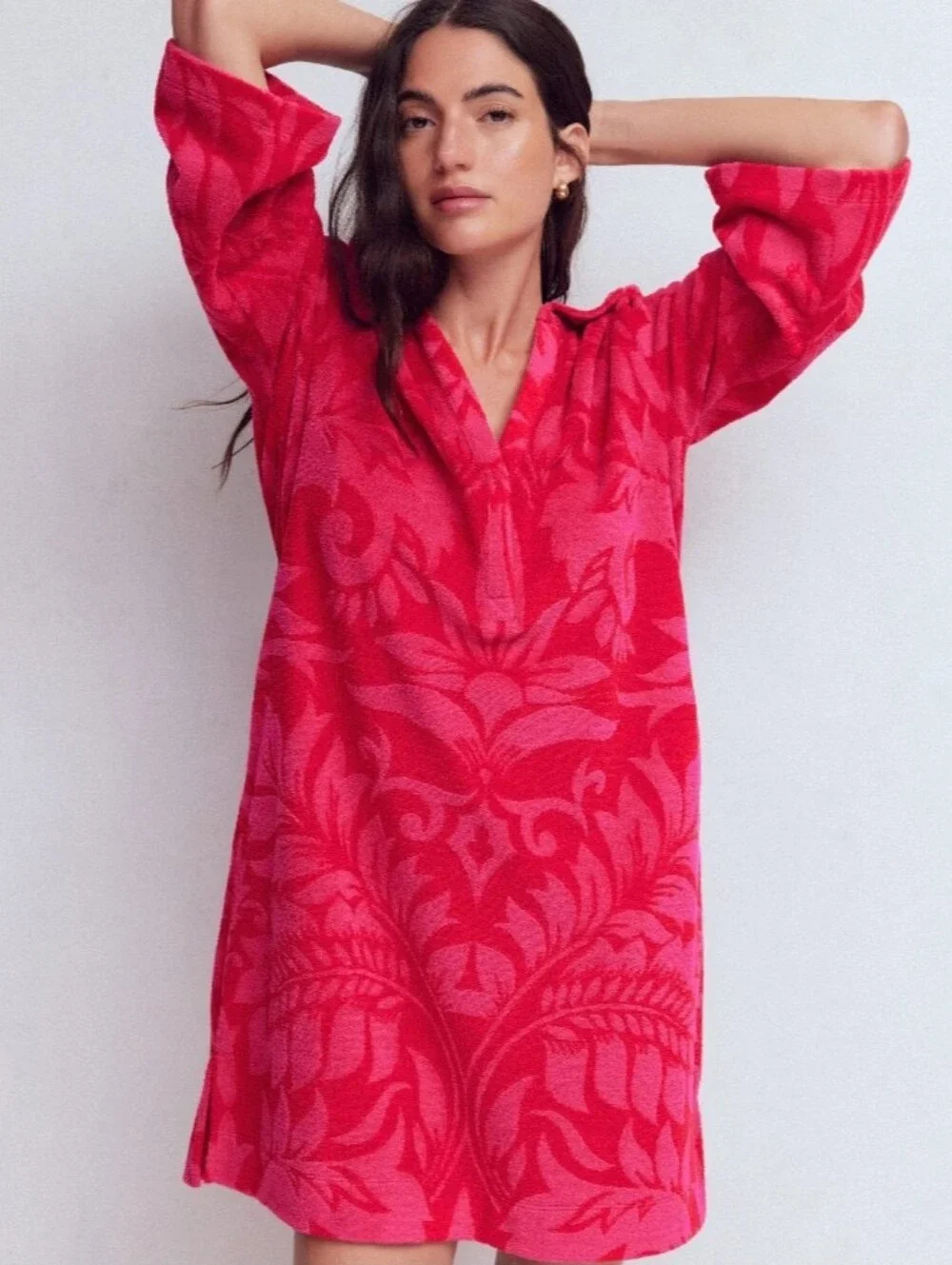 Boden pink and red plush Terrycloth Oriental print cover-up dress
